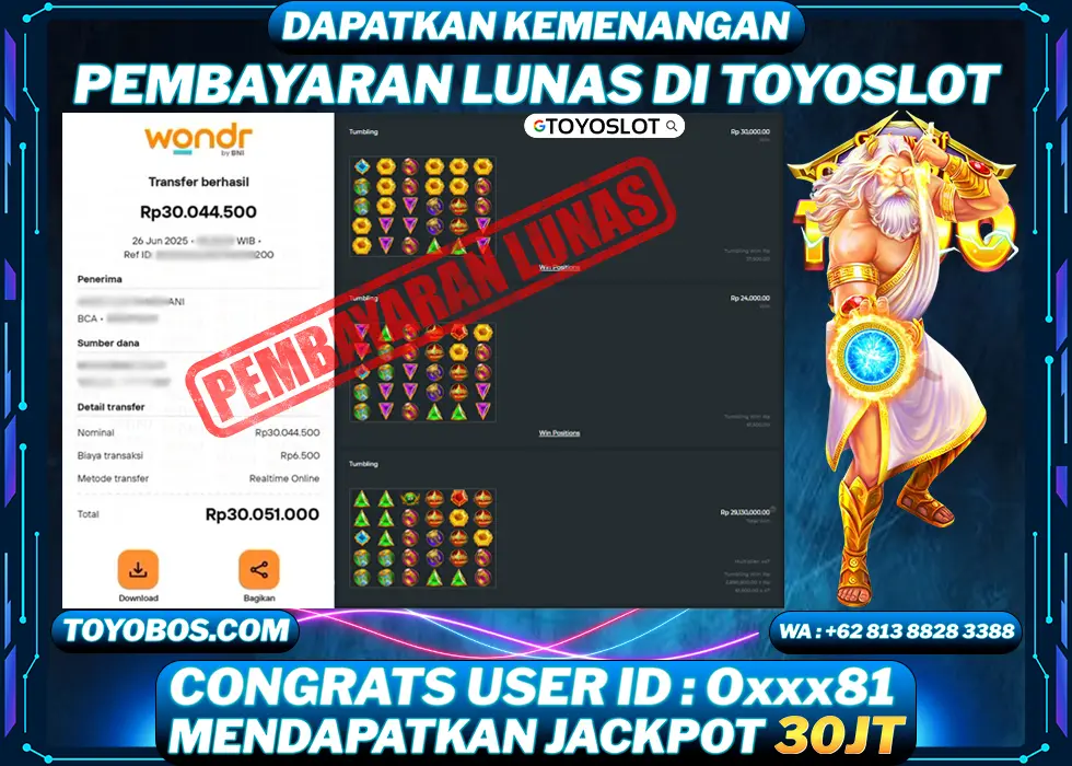 TOYOSLOT - BUKTI KEMENANGAN Gates of Olympus 1000 Rp30,044,500,- LUNAS