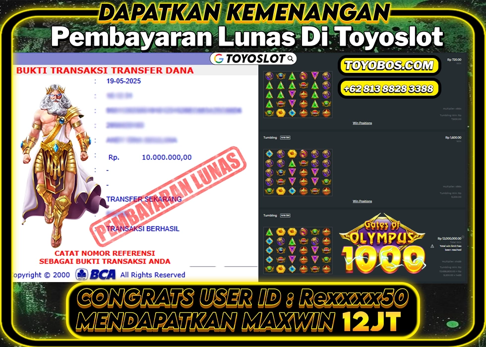 TOYOSLOT - BUKTI KEMENANGAN MAXWIN Gates of Olympus 1000 Rp12,000,000,- LUNAS